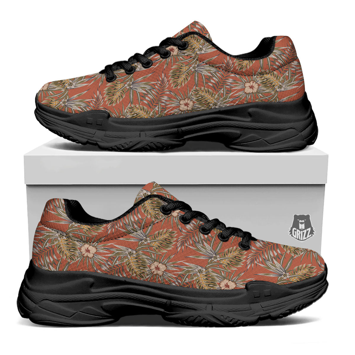 Plumeria Hibiscus Vintage Print Pattern Black Chunky Shoes-grizzshop