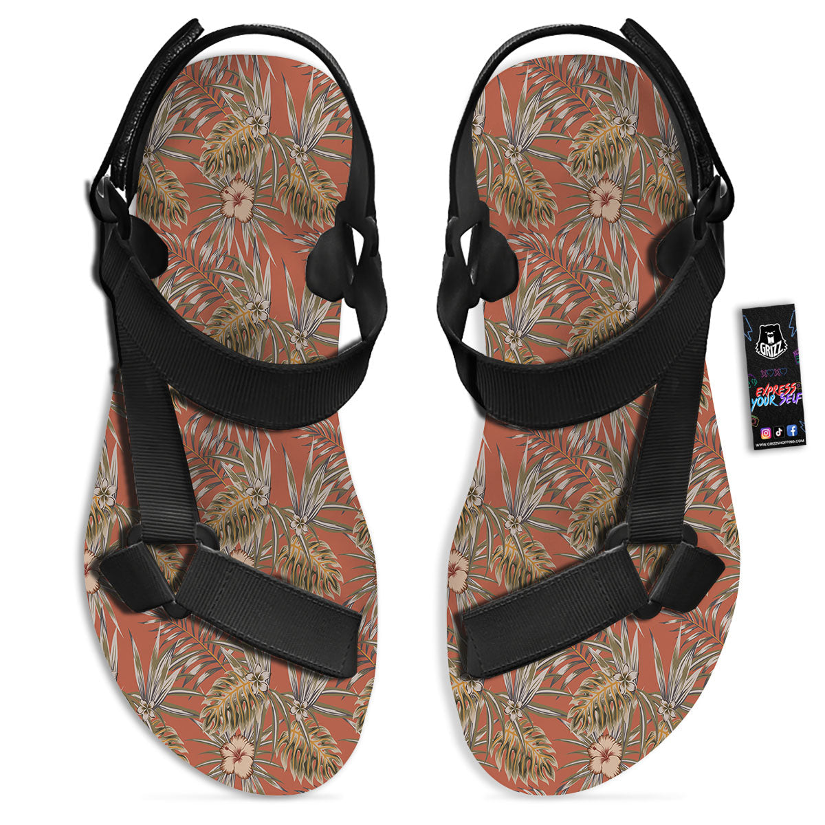 Plumeria Hibiscus Vintage Print Pattern Black Open Toe Sandals-grizzshop