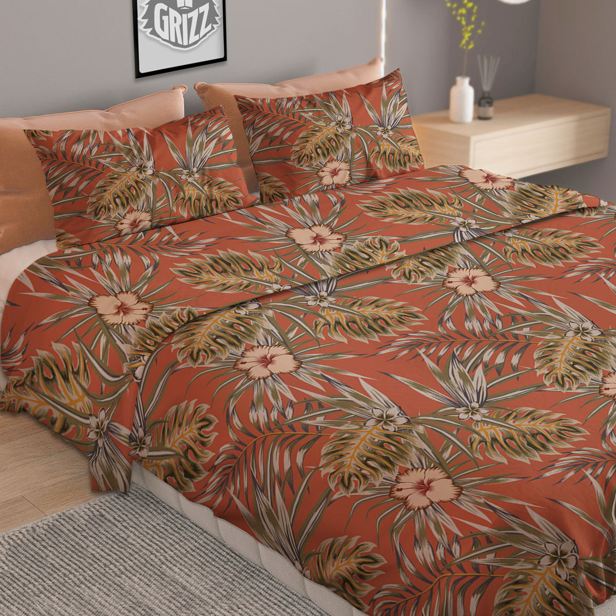 Plumeria Hibiscus Vintage Print Pattern Duvet Cover Bedding Set