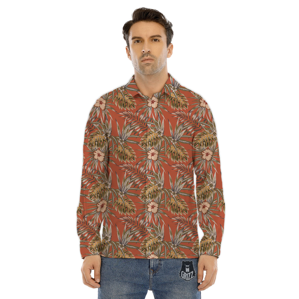 Plumeria Hibiscus Vintage Print Pattern Men's Dress Shirts-grizzshop