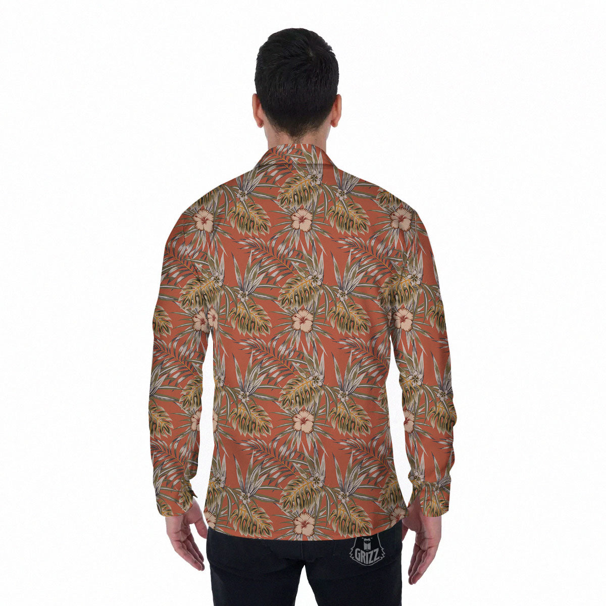 Plumeria Hibiscus Vintage Print Pattern Men's Long Sleeve Shirts-grizzshop