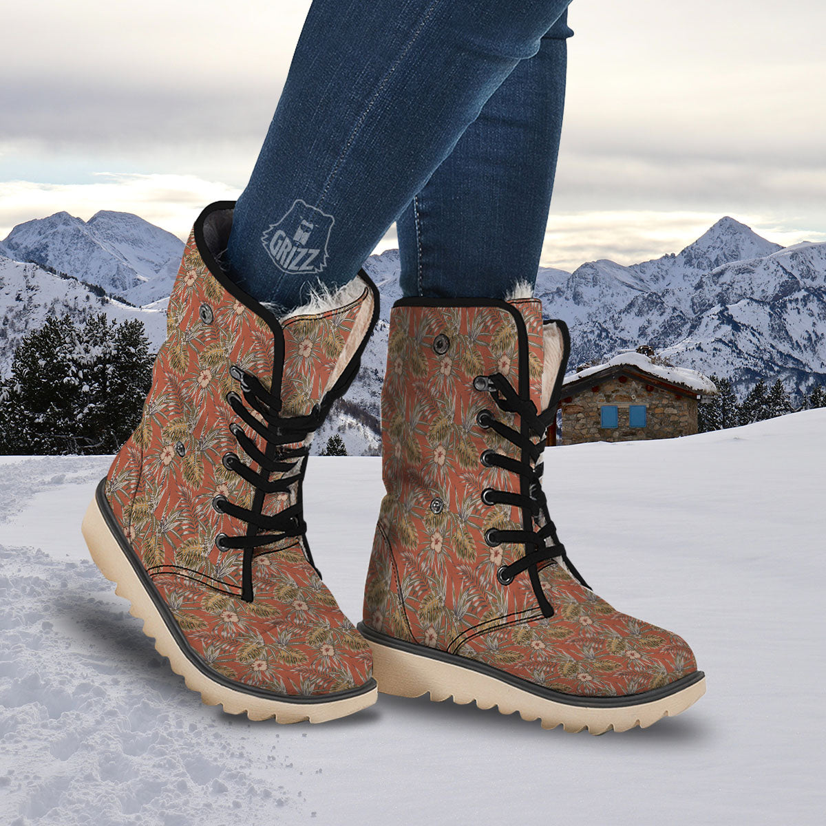 Plumeria Hibiscus Vintage Print Pattern Snow Boots-grizzshop