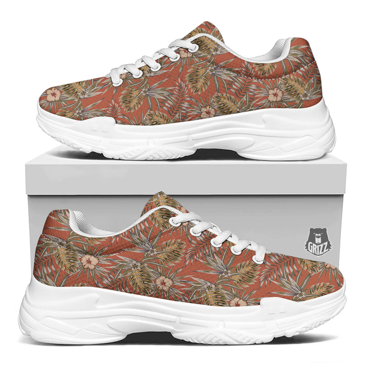 Plumeria Hibiscus Vintage Print Pattern White Chunky Shoes-grizzshop
