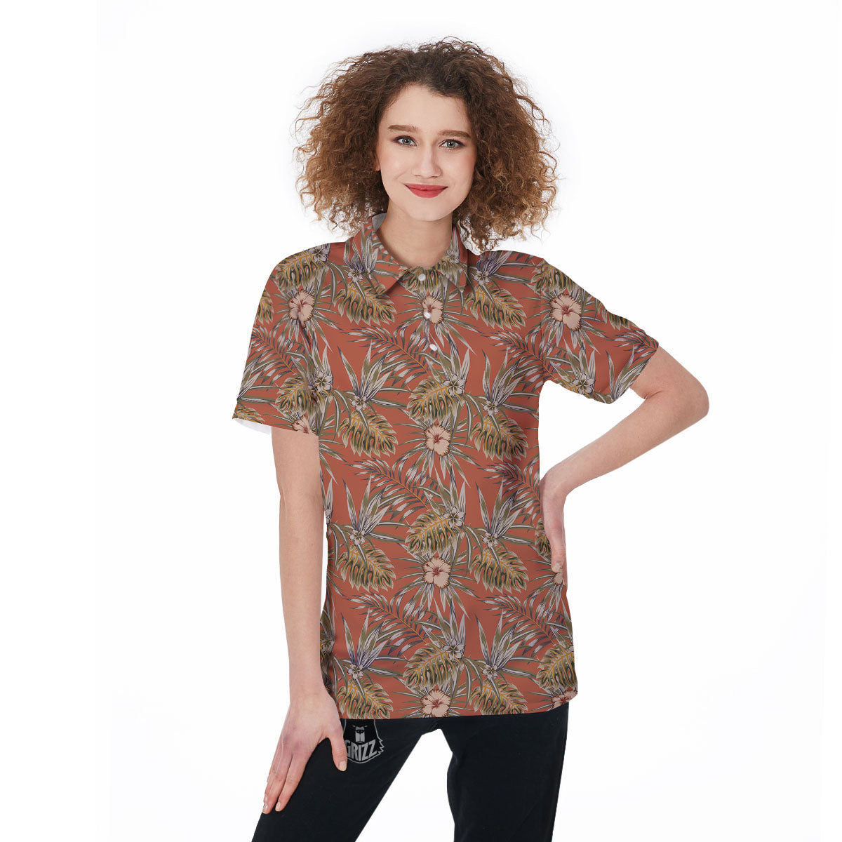 Plumeria Hibiscus Vintage Print Pattern Women's Golf Shirts-grizzshop