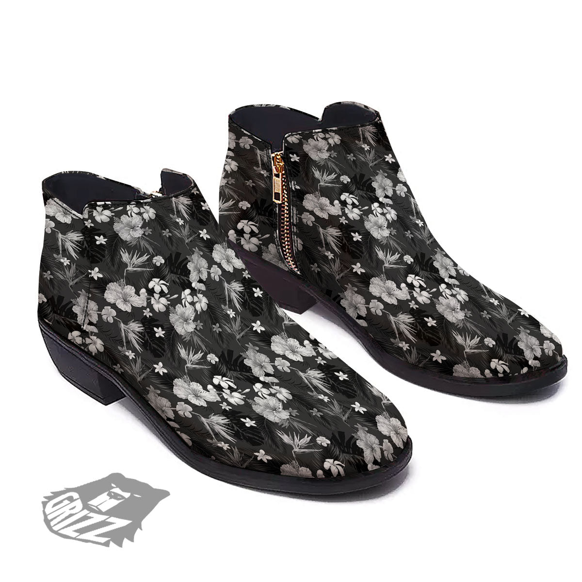 Plumeria Monochrome Print Pattern Ankle Boots-grizzshop