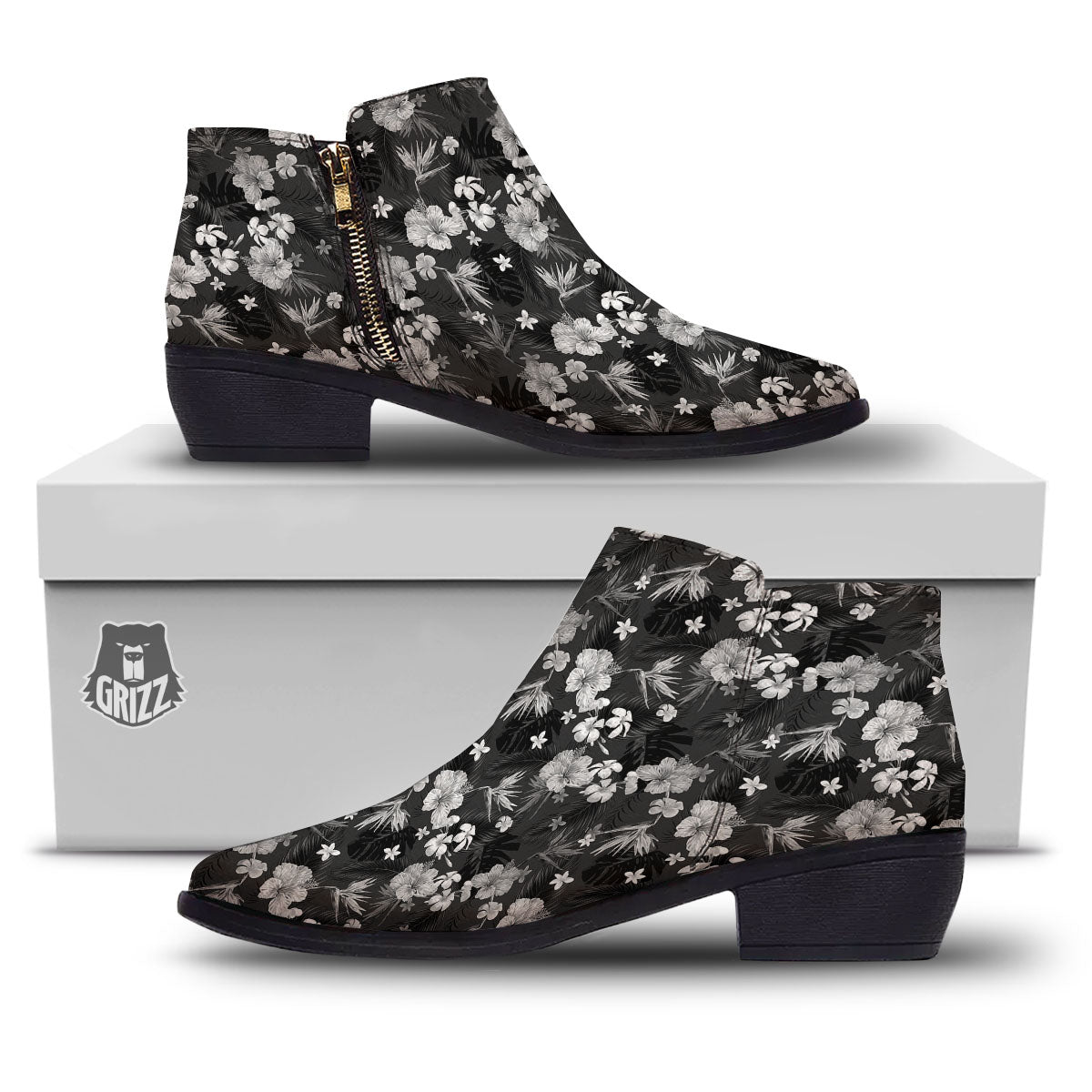 Plumeria Monochrome Print Pattern Ankle Boots-grizzshop