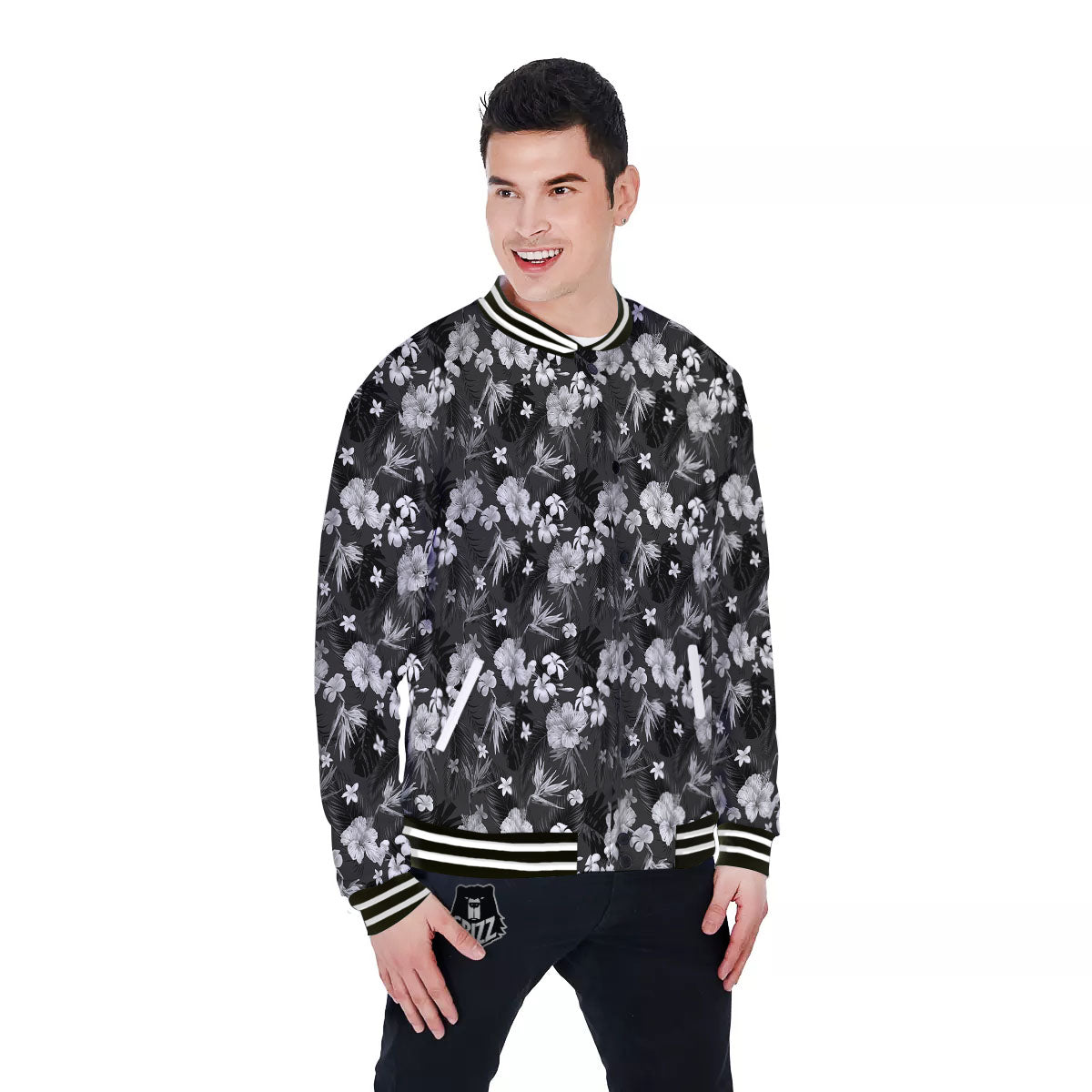 Plumeria Monochrome Print Pattern Baseball Jacket-grizzshop