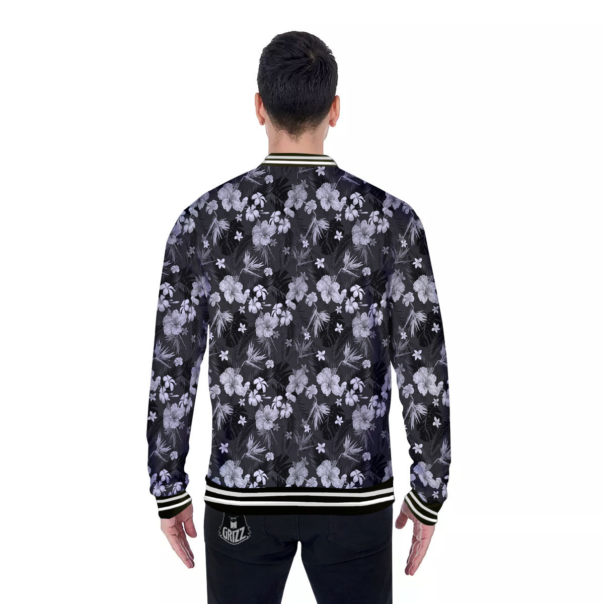Plumeria Monochrome Print Pattern Baseball Jacket-grizzshop