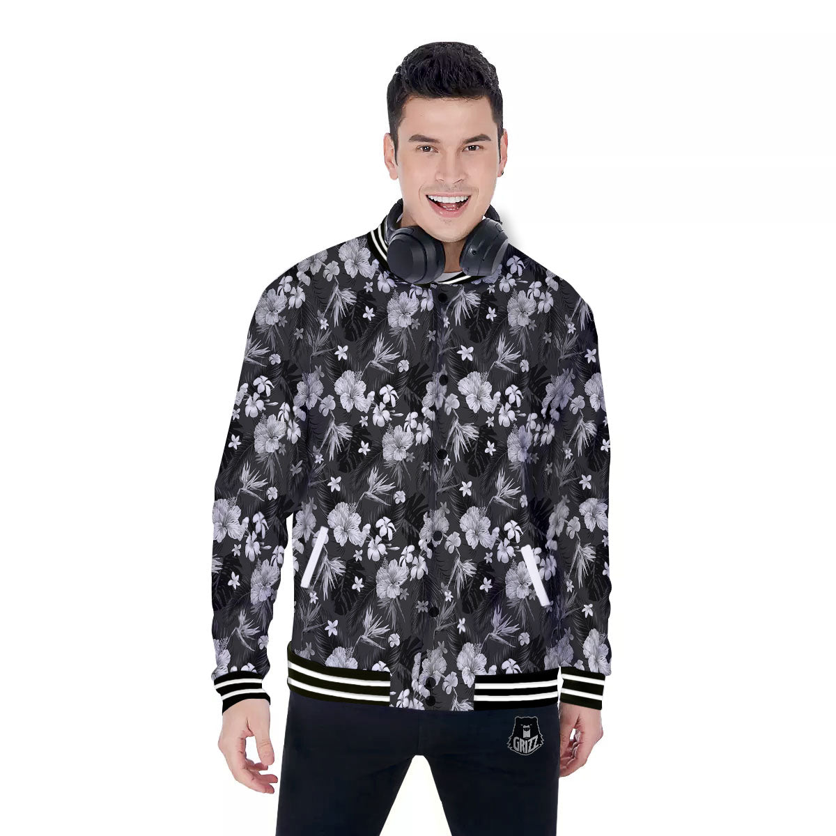 Plumeria Monochrome Print Pattern Baseball Jacket-grizzshop