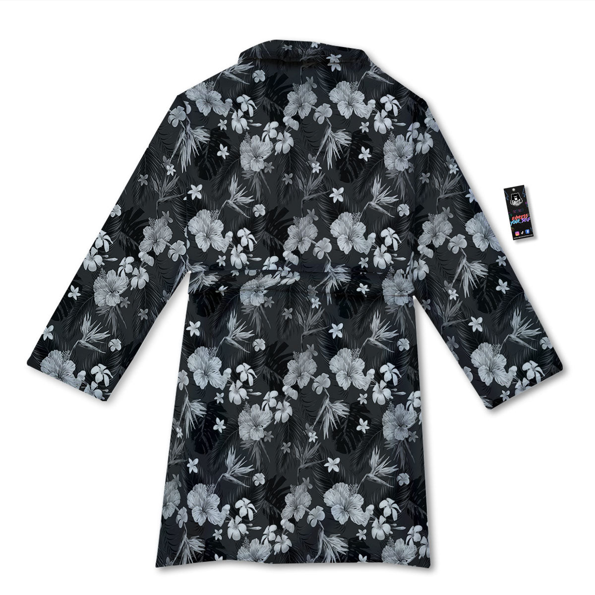 Plumeria Monochrome Print Pattern Bathrobe-grizzshop