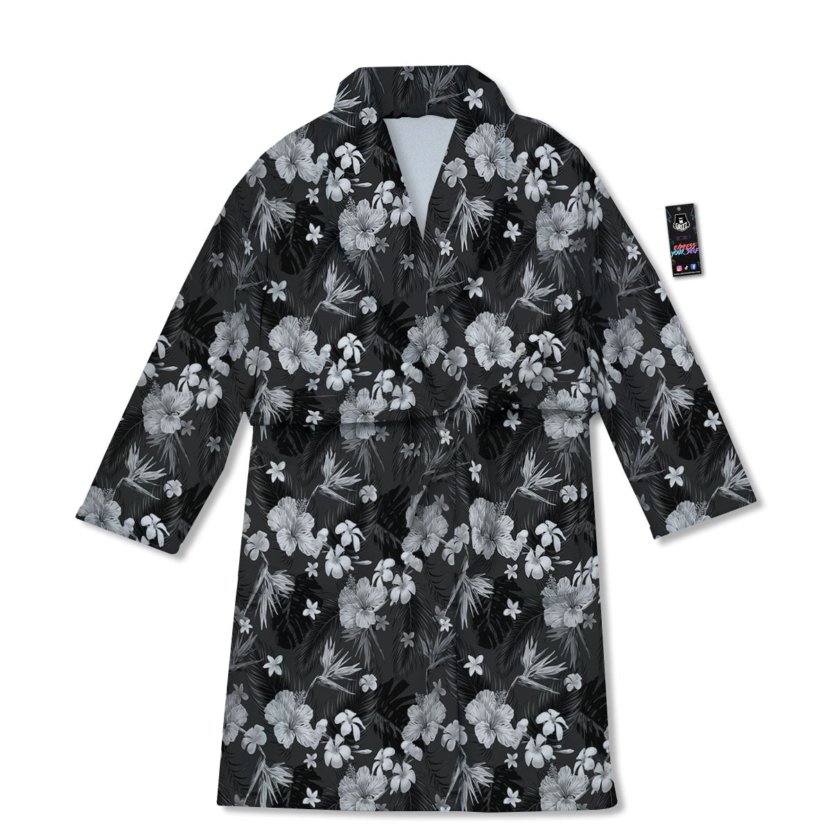 Plumeria Monochrome Print Pattern Bathrobe-grizzshop