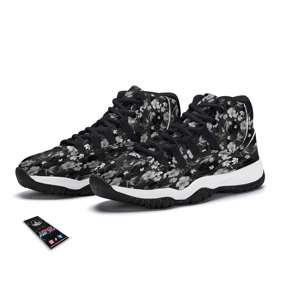 Plumeria Monochrome Print Pattern Black Bball Shoes-grizzshop