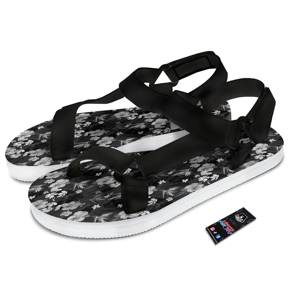 Plumeria Monochrome Print Pattern Black Open Toe Sandals-grizzshop