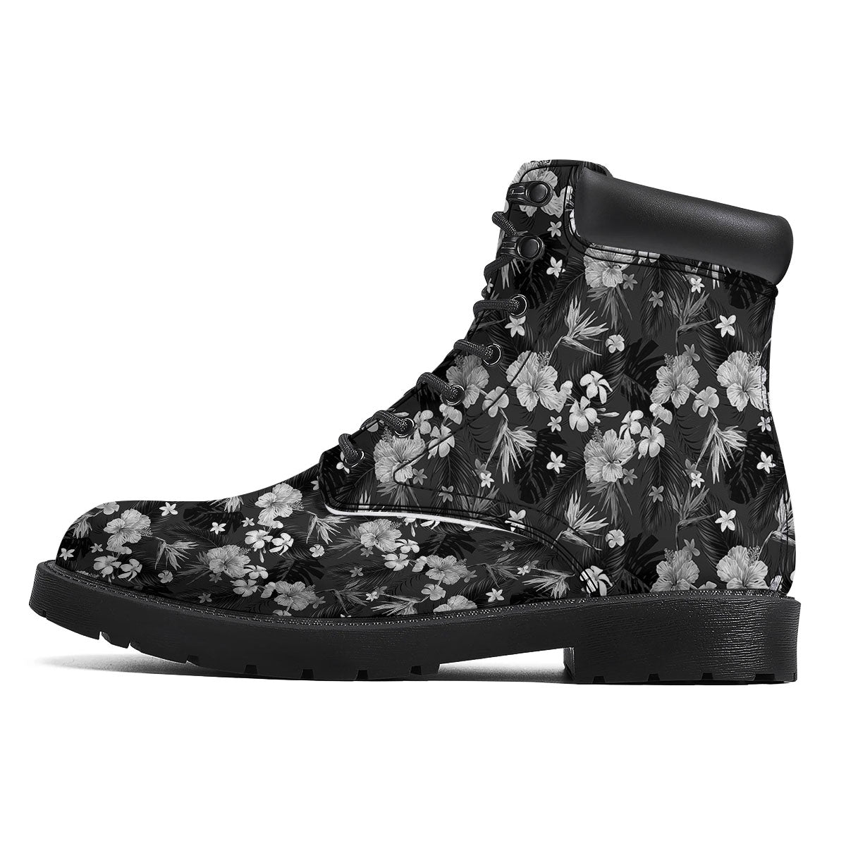 Plumeria Monochrome Print Pattern Boots-grizzshop