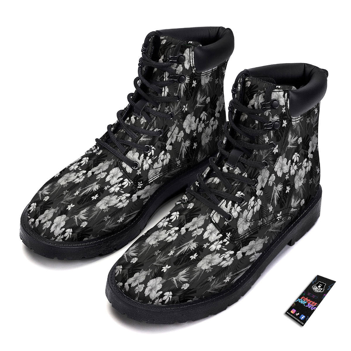 Plumeria Monochrome Print Pattern Boots-grizzshop