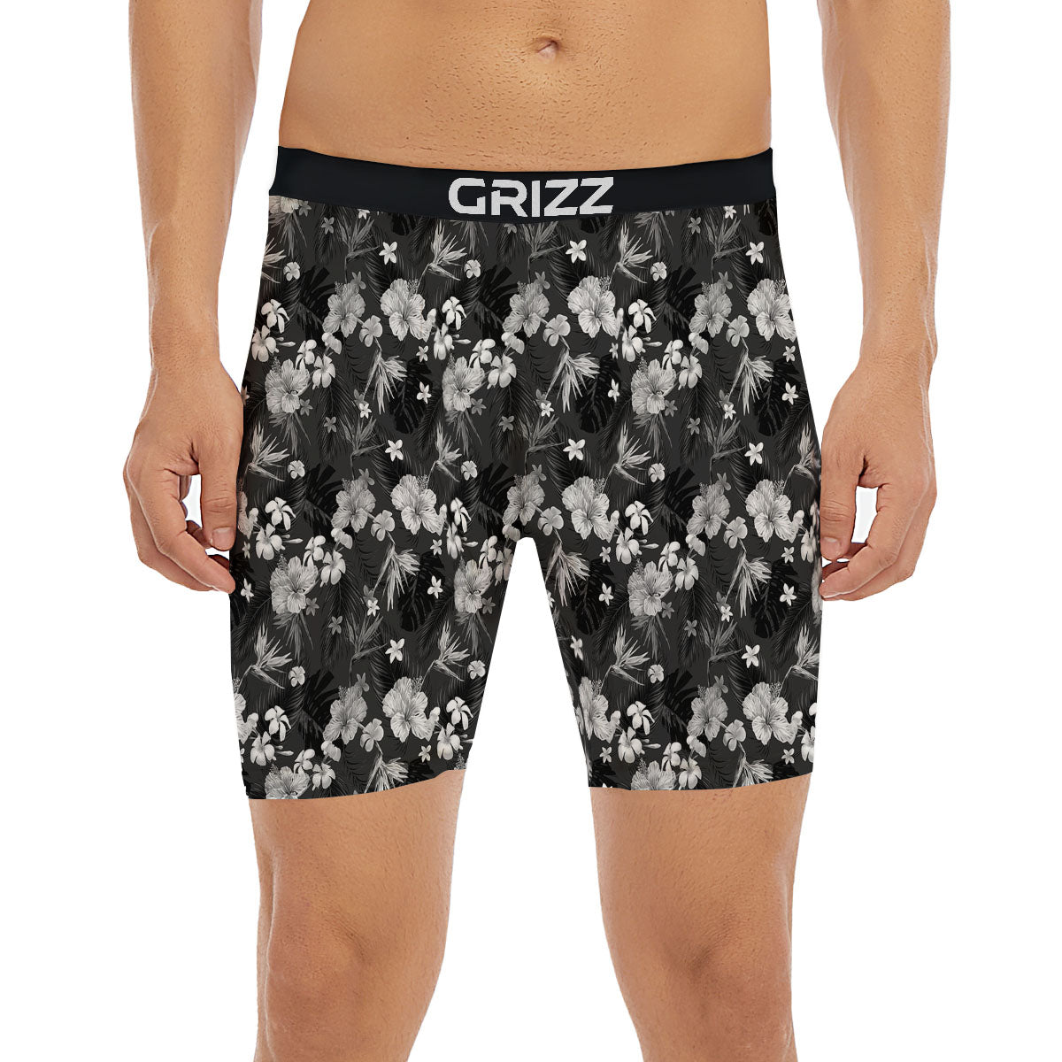 Plumeria Monochrome Print Pattern Boxer Briefs-grizzshop
