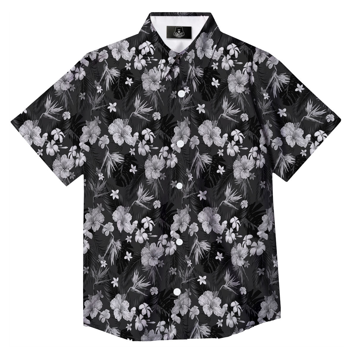 Plumeria Monochrome Print Pattern Button Up Shirt-grizzshop