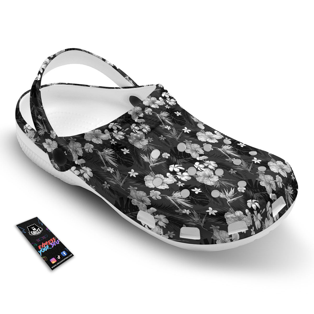 Plumeria Monochrome Print Pattern Clog-grizzshop