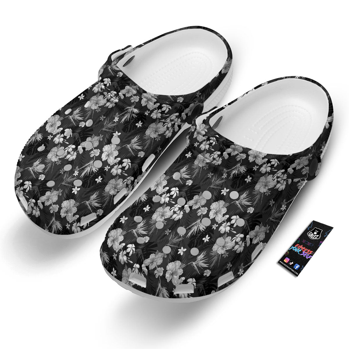 Plumeria Monochrome Print Pattern Clog-grizzshop