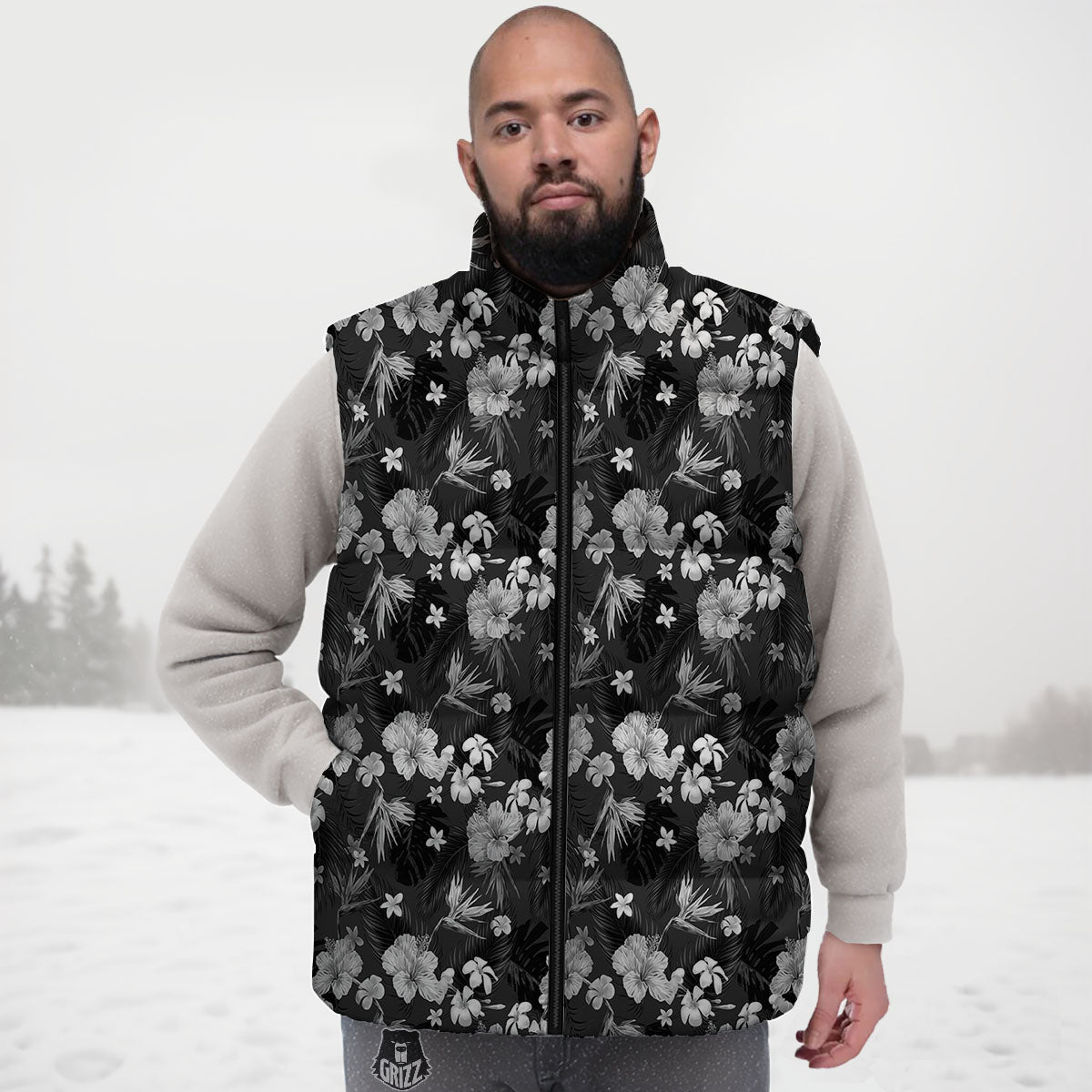 Plumeria Monochrome Print Pattern Down Vest