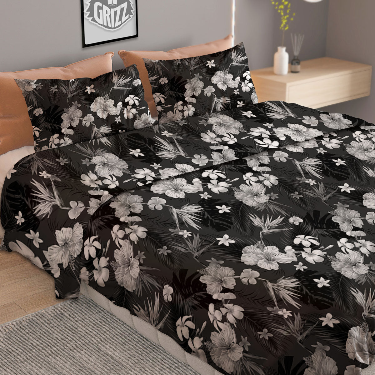 Plumeria Monochrome Print Pattern Duvet Cover Bedding Set