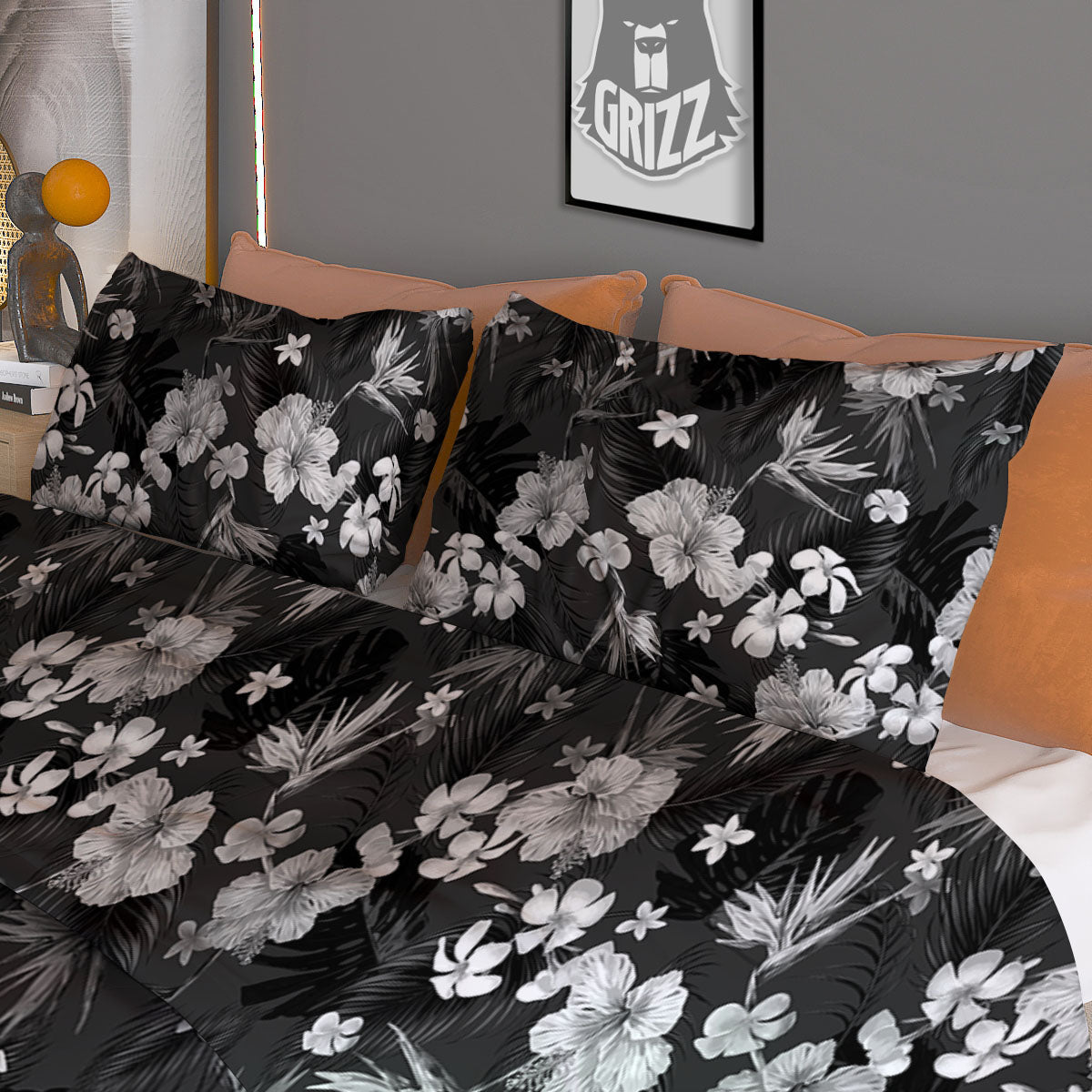 Plumeria Monochrome Print Pattern Duvet Cover Bedding Set