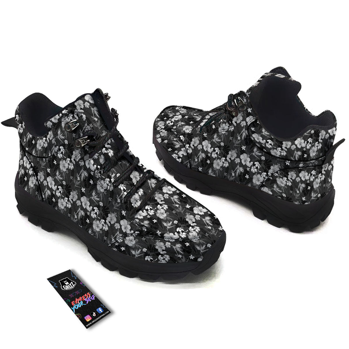 Plumeria Monochrome Print Pattern Hiking Shoes-grizzshop