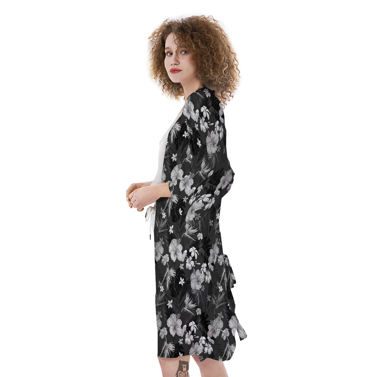 Plumeria Monochrome Print Pattern Kimono-grizzshop