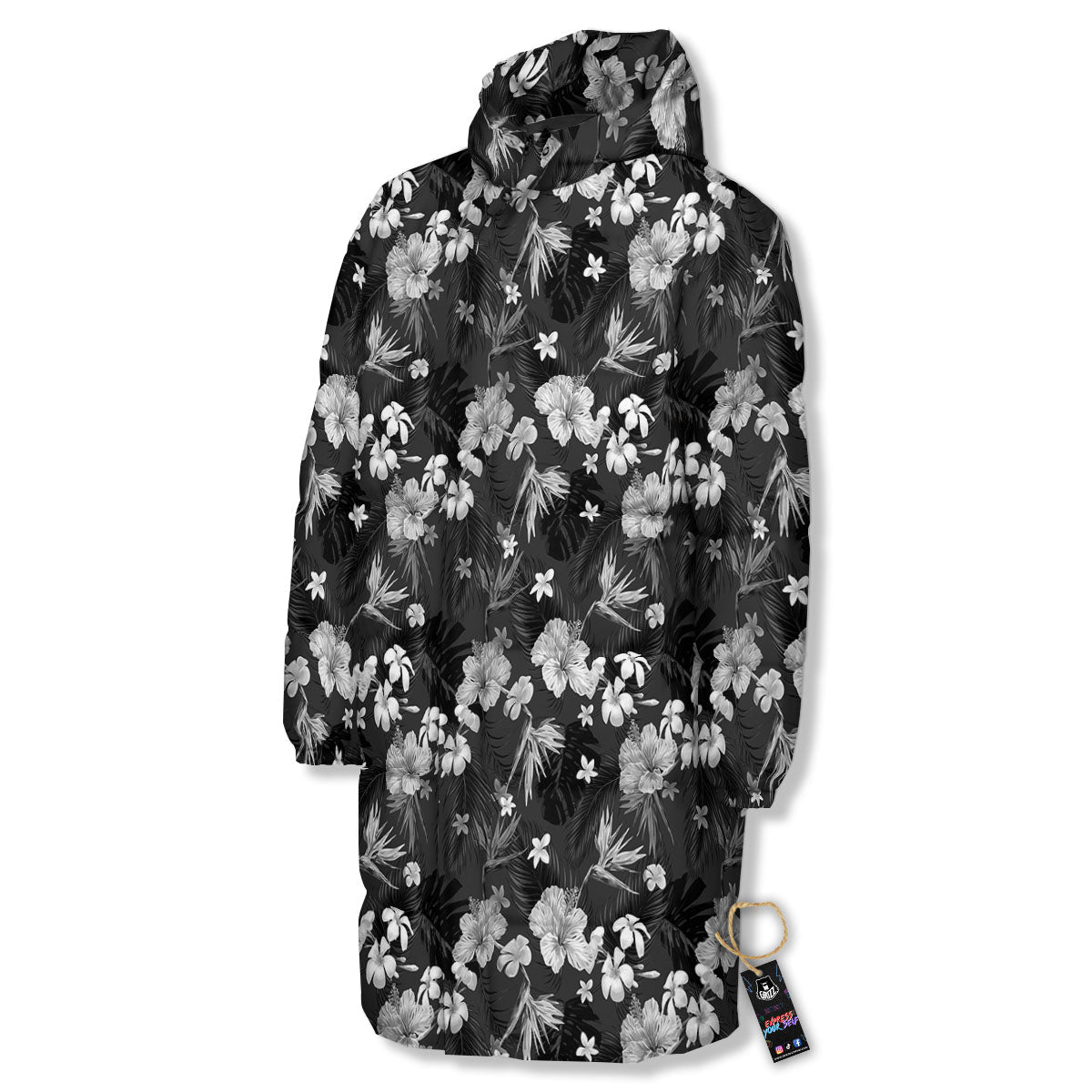 Plumeria Monochrome Print Pattern Long Down Jacket-grizzshop