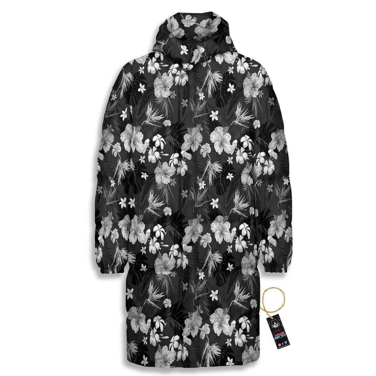 Plumeria Monochrome Print Pattern Long Down Jacket-grizzshop