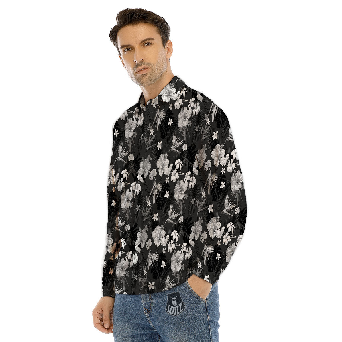 Plumeria Monochrome Print Pattern Men's Dress Shirts-grizzshop