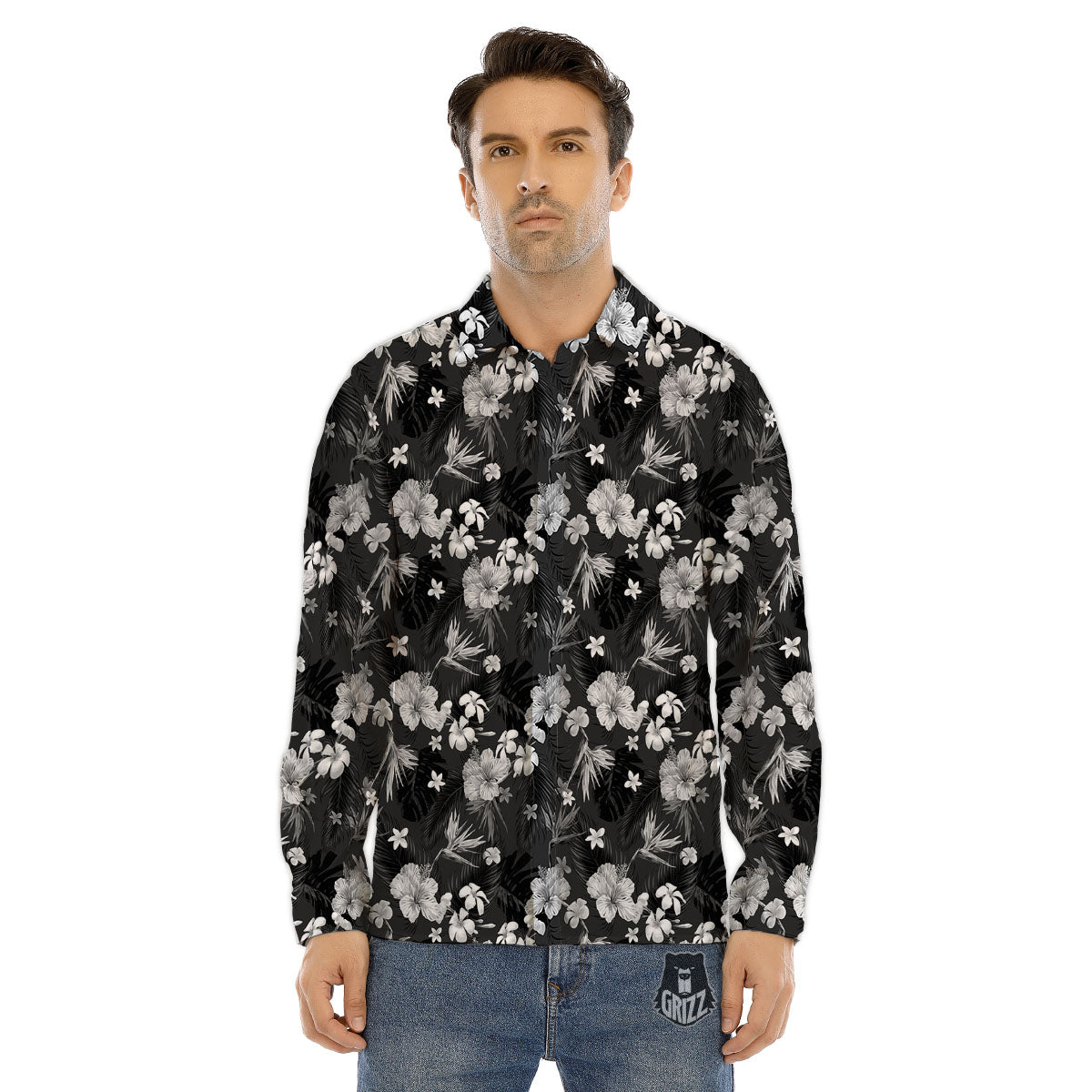Plumeria Monochrome Print Pattern Men's Dress Shirts-grizzshop