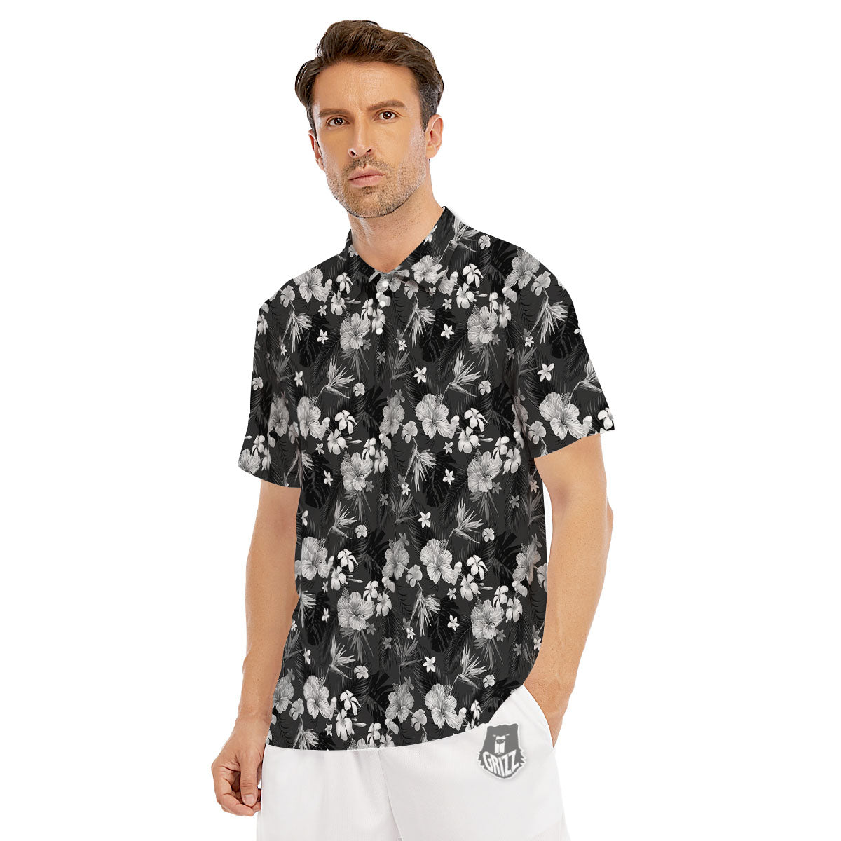 Plumeria Monochrome Print Pattern Men's Golf Shirts-grizzshop