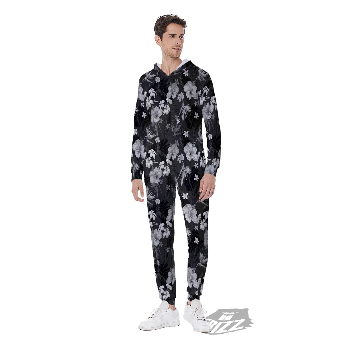 Plumeria Monochrome Print Pattern Men's Jumpsuit-grizzshop