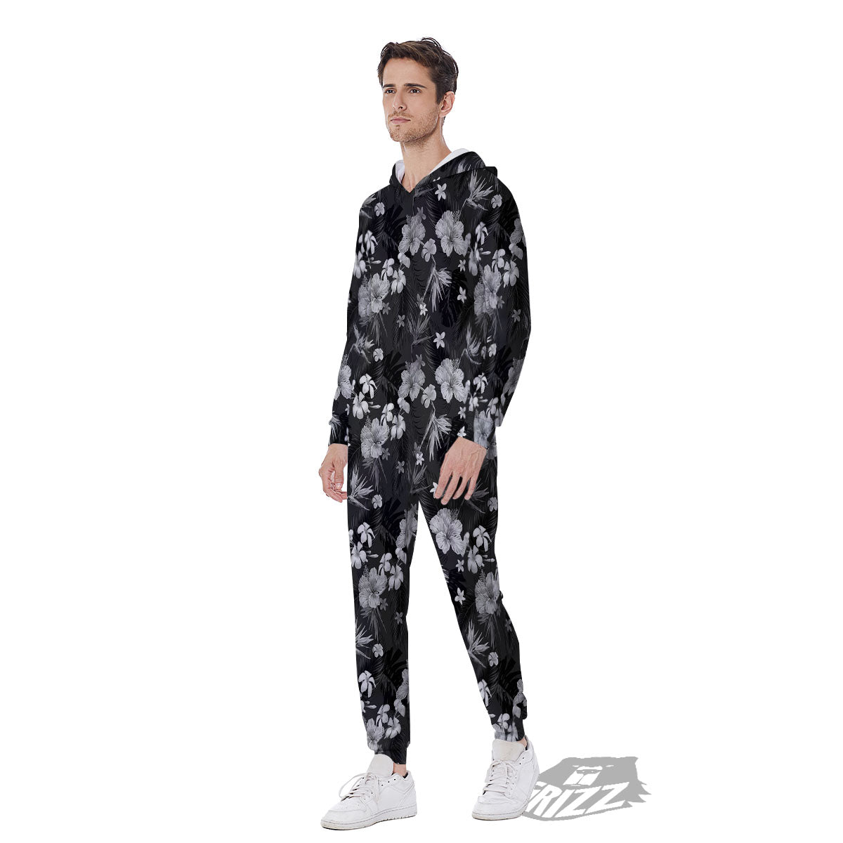 Plumeria Monochrome Print Pattern Men's Jumpsuit-grizzshop