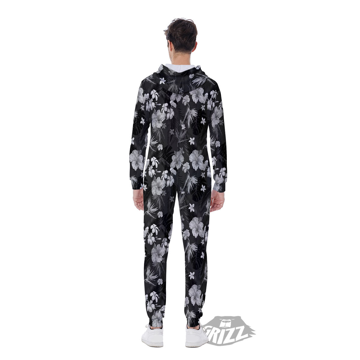 Plumeria Monochrome Print Pattern Men's Jumpsuit-grizzshop