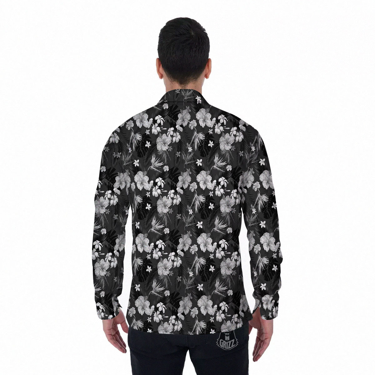 Plumeria Monochrome Print Pattern Men's Long Sleeve Shirts-grizzshop