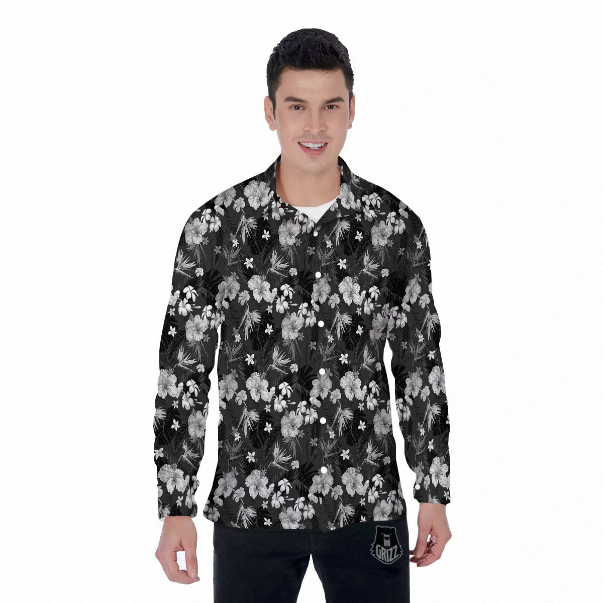 Plumeria Monochrome Print Pattern Men's Long Sleeve Shirts-grizzshop