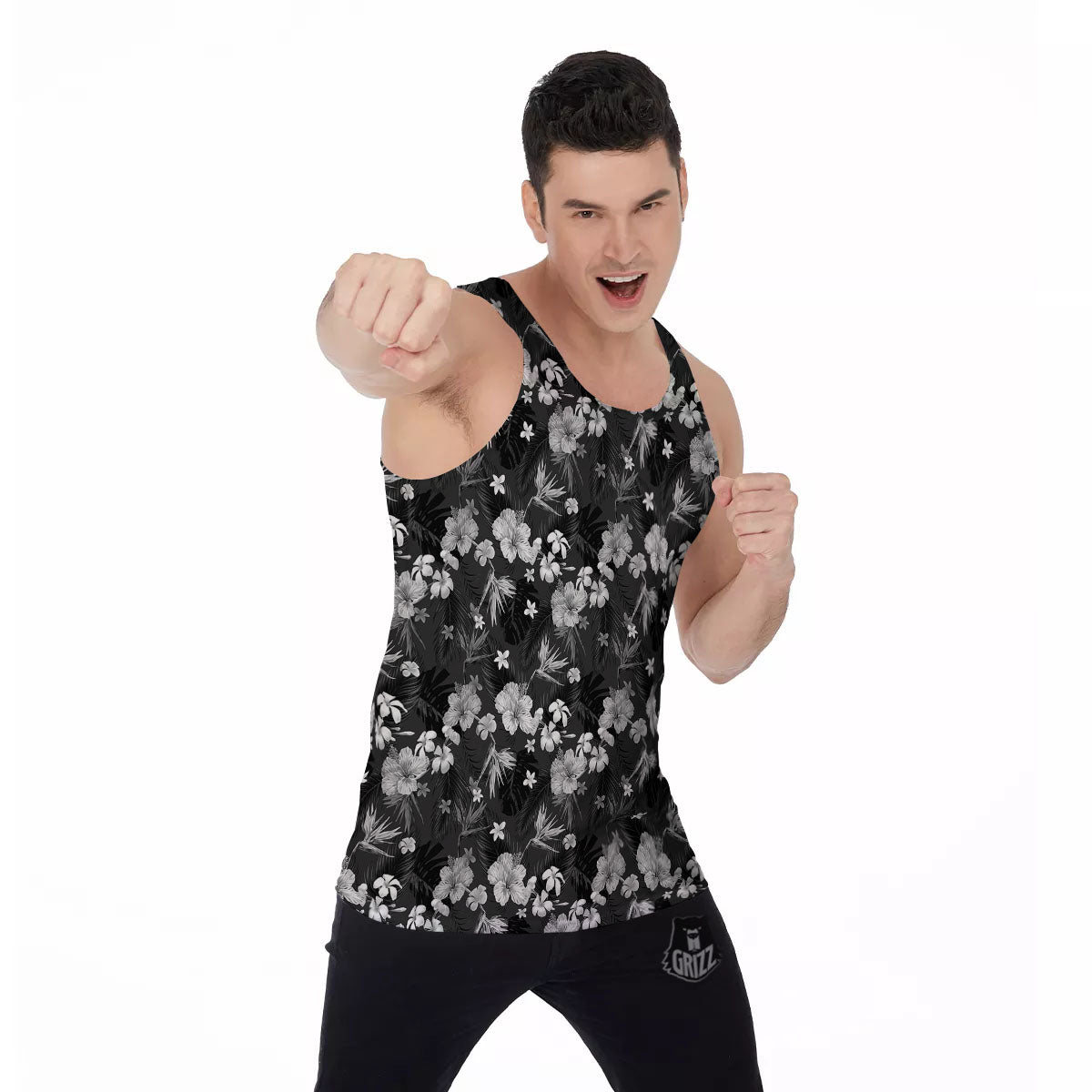 Plumeria Monochrome Print Pattern Men's Tank Top-grizzshop