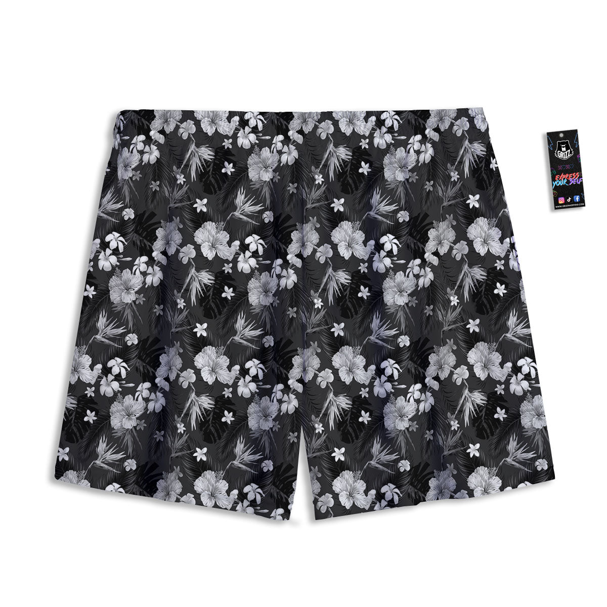 Plumeria Monochrome Print Pattern Mesh Shorts