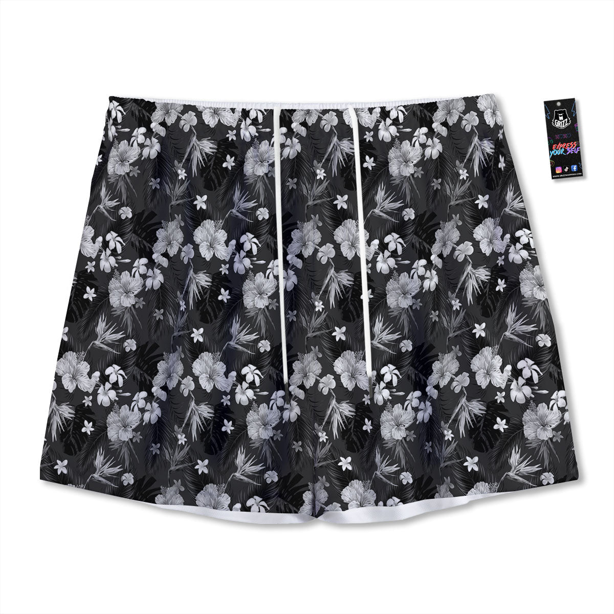 Plumeria Monochrome Print Pattern Mesh Shorts
