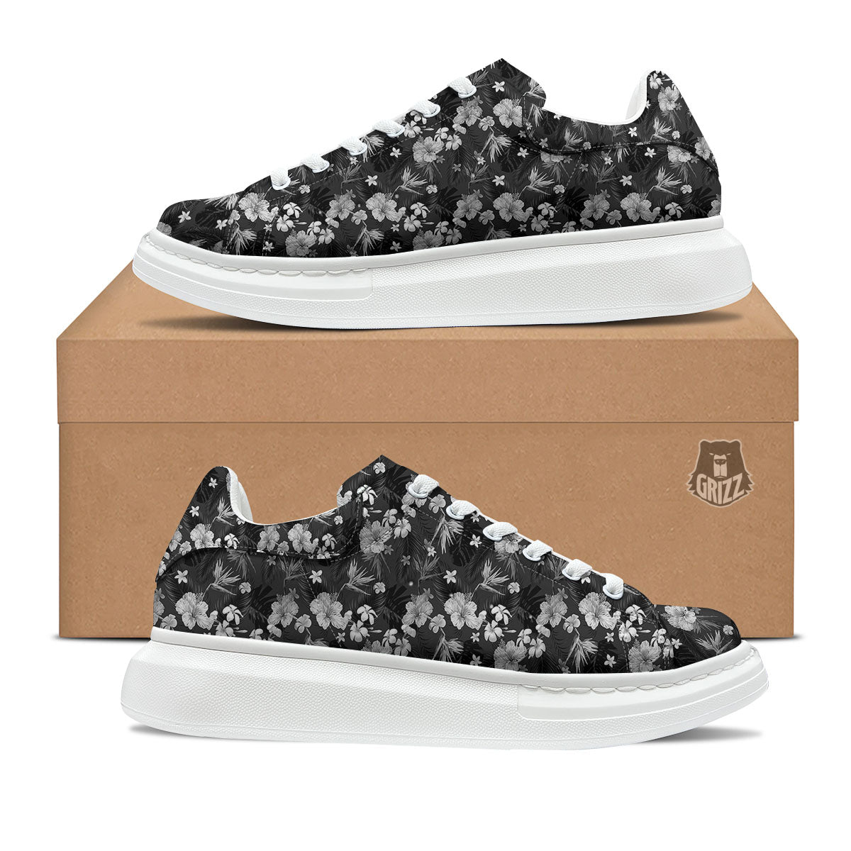 Plumeria Monochrome Print Pattern Platform Shoes-grizzshop