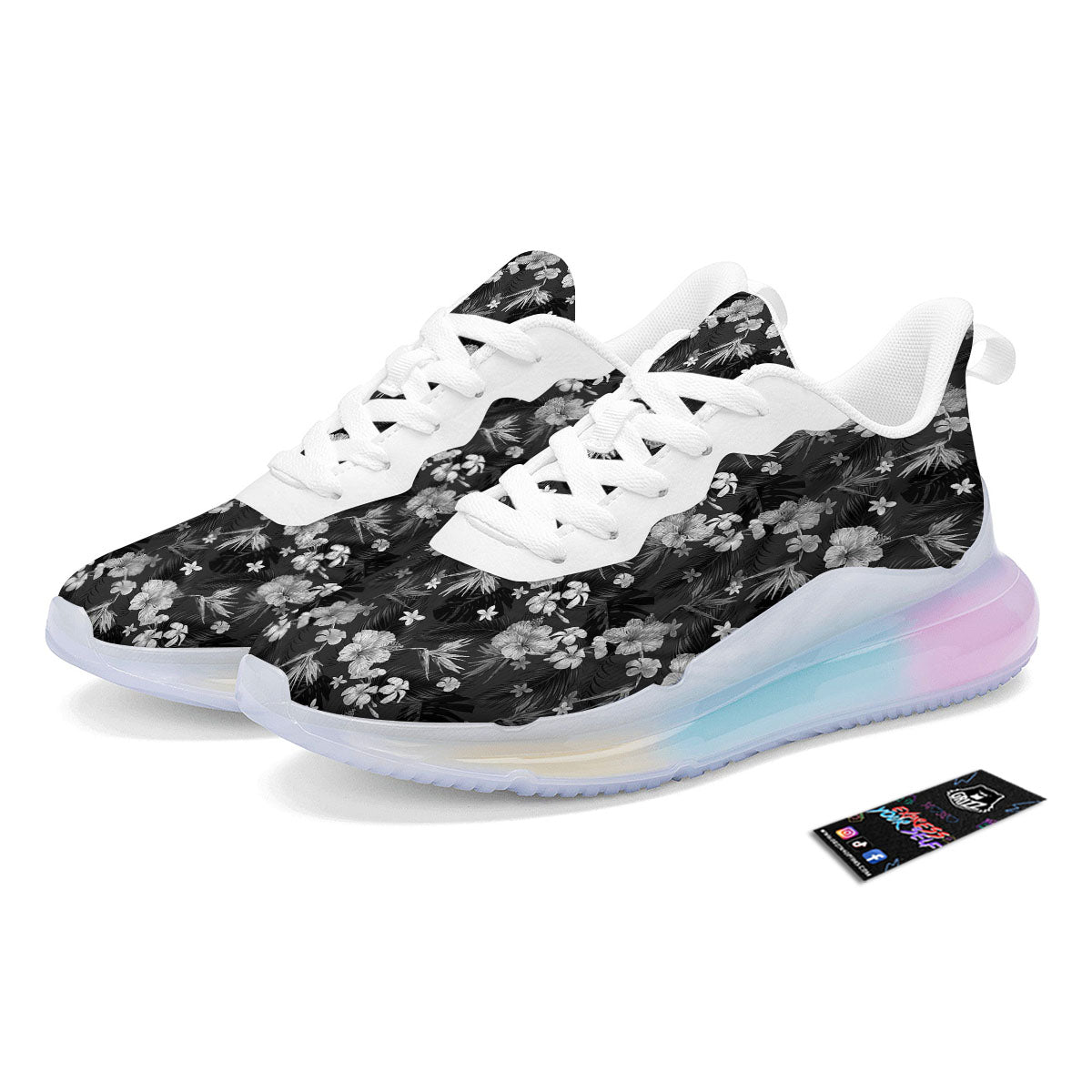 Plumeria Monochrome Print Pattern Running Sneakers-grizzshop