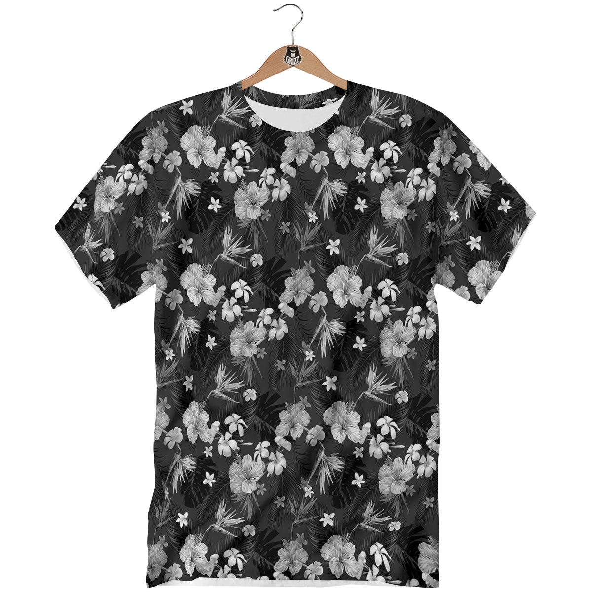Plumeria Monochrome Print Pattern T-Shirt-grizzshop