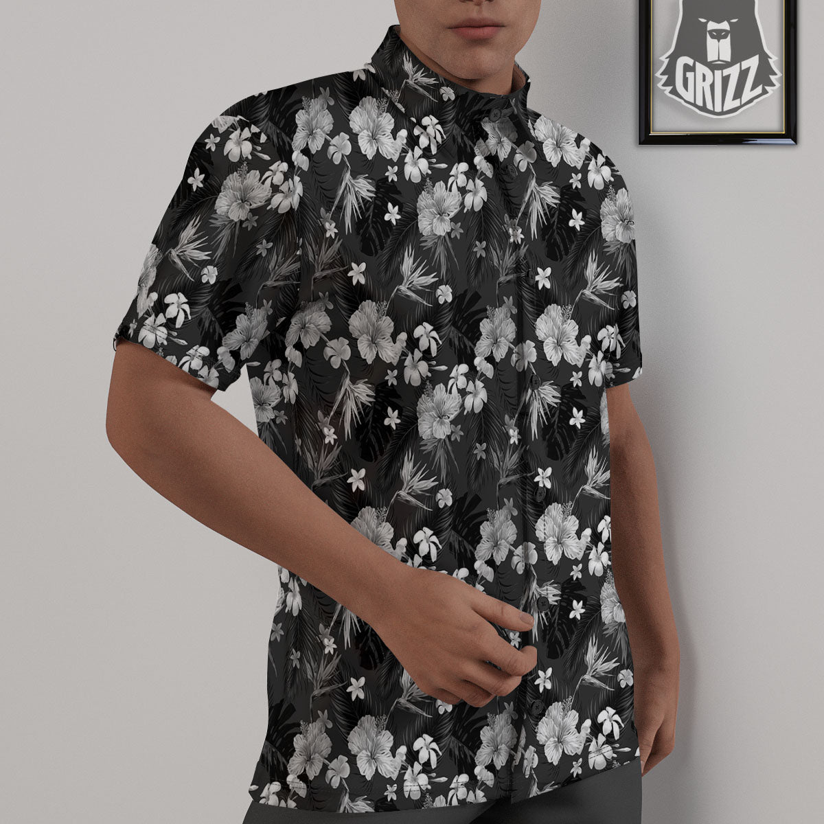 Plumeria Monochrome Print Pattern Untucked Shirts-grizzshop