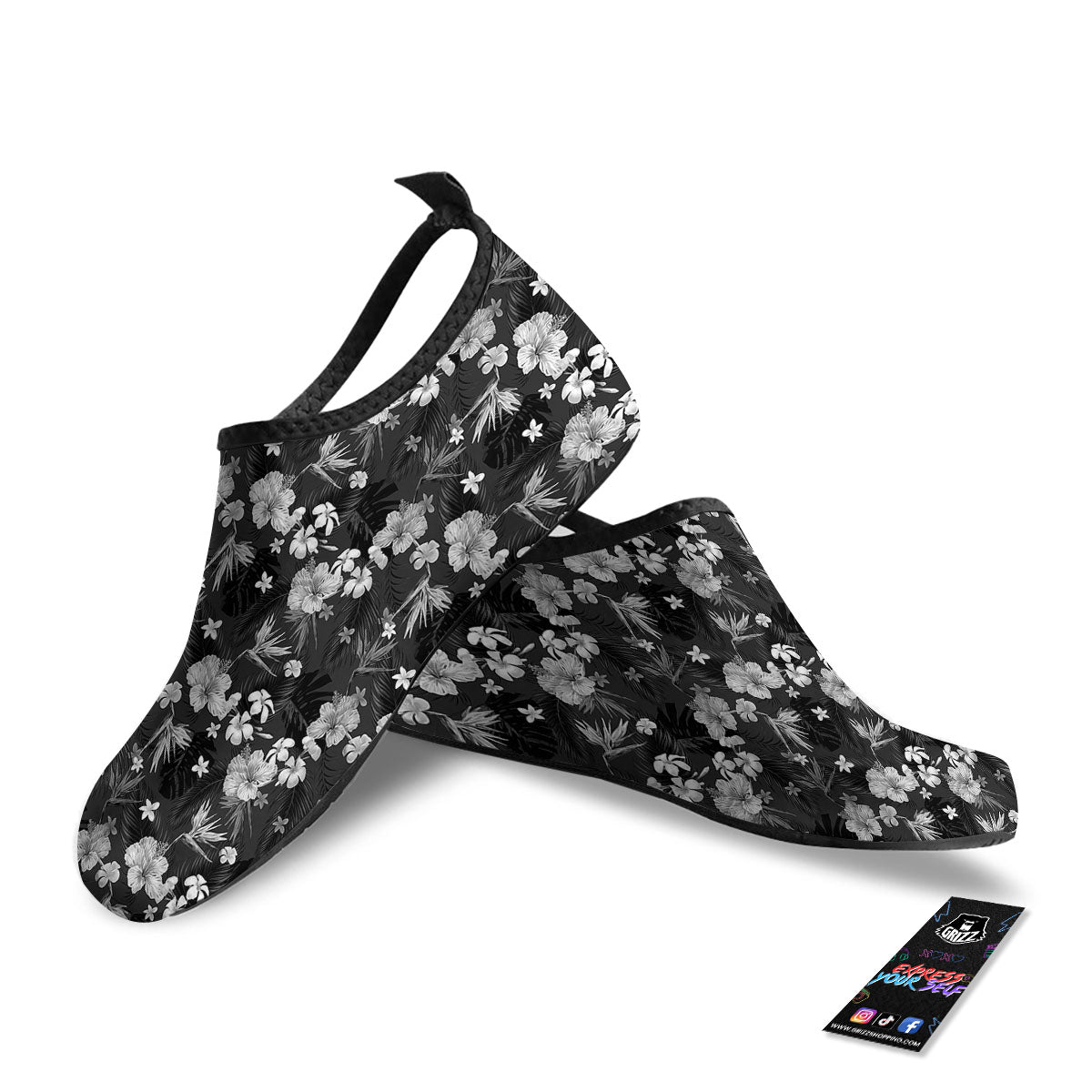 Plumeria Monochrome Print Pattern Water Shoes-grizzshop