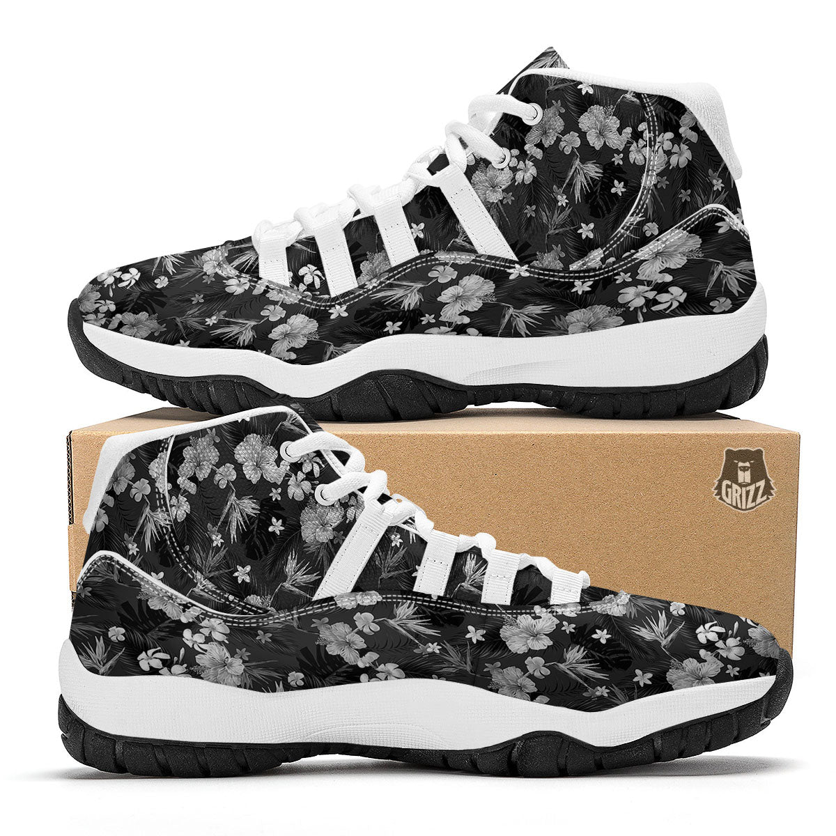 Plumeria Monochrome Print Pattern White Bball Shoes-grizzshop