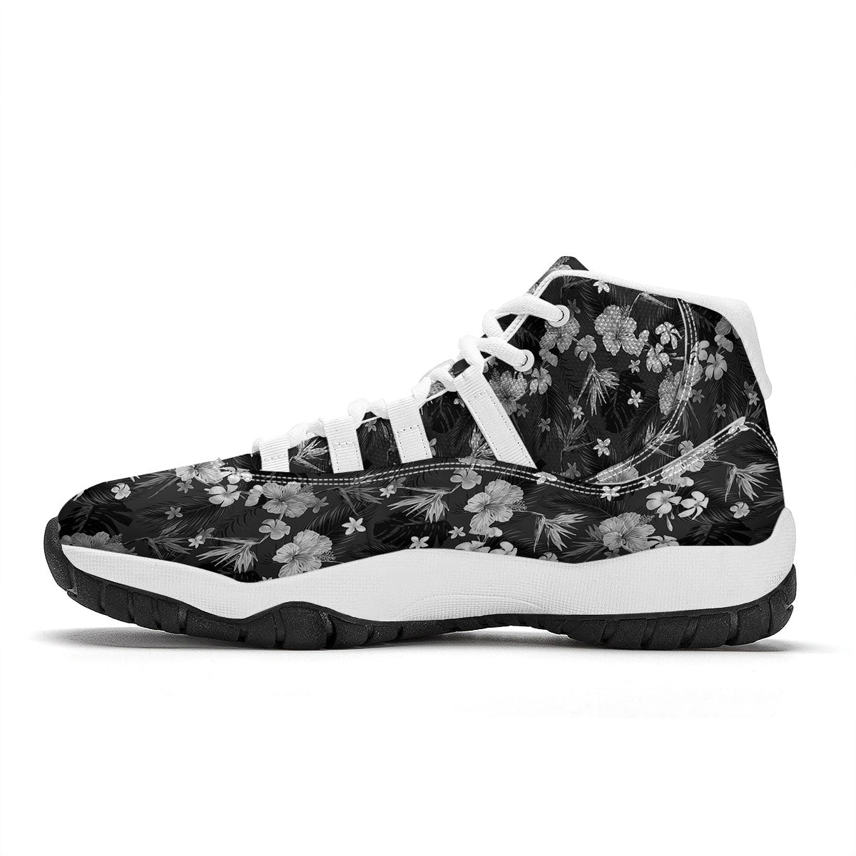 Plumeria Monochrome Print Pattern White Bball Shoes-grizzshop