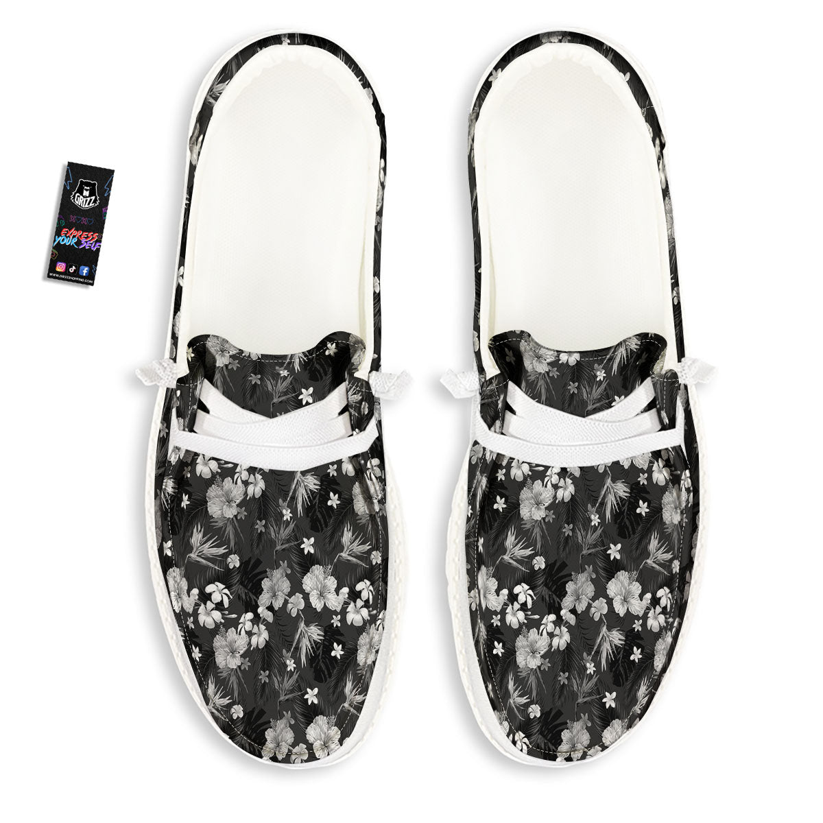 Plumeria Monochrome Print Pattern White Loafers-grizzshop