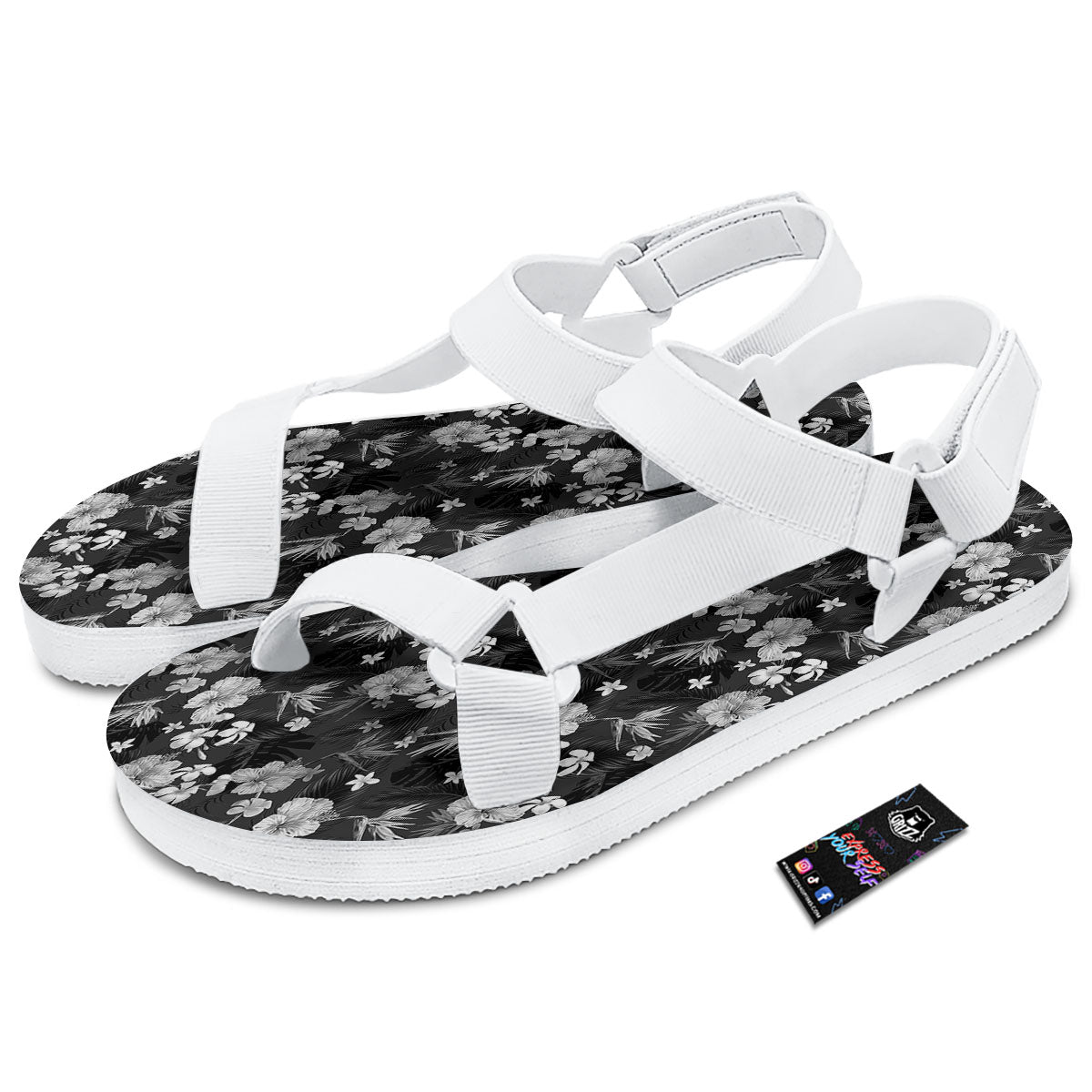 Plumeria Monochrome Print Pattern White Open Toe Sandals-grizzshop